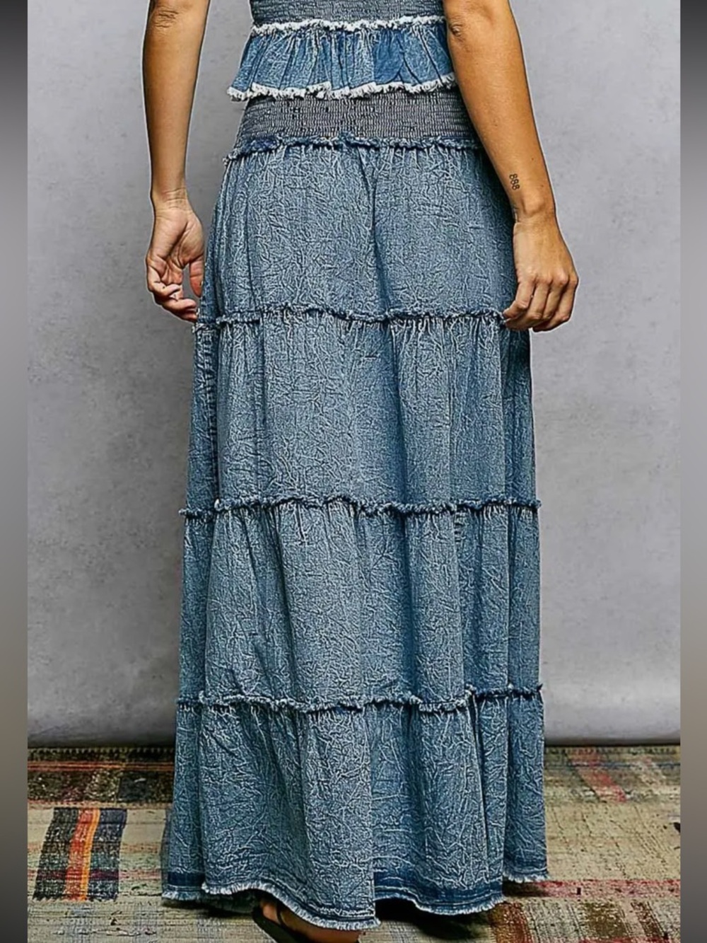 671. POL Embroidered bead tassel tiered denim maxi skirt - Picture 5 of 5
